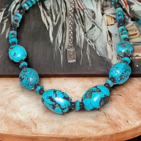 Vintage Handmade Turquoise Necklace with Onyx Solid 925 Sterling Silver+Earrings - Picture 2 of 15
